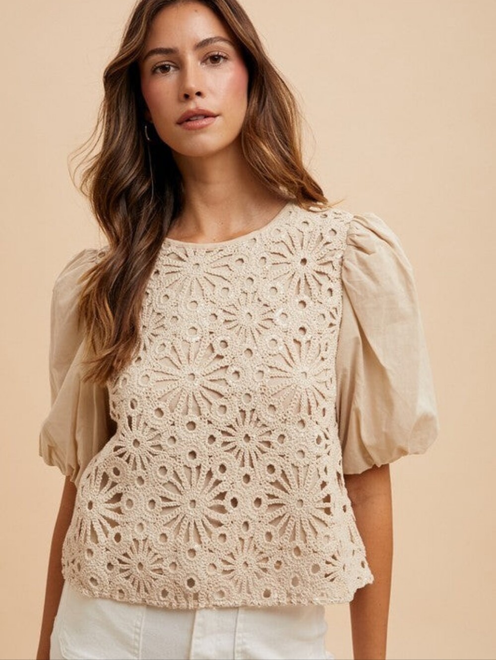 Cream Crochet Puff-Sleeve Blouse